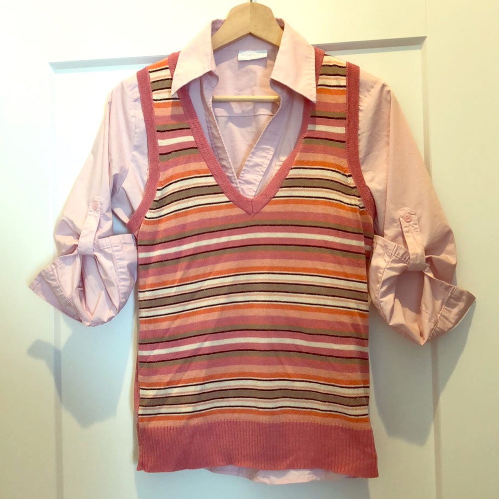 Pink sweater vest w/ button down shirt